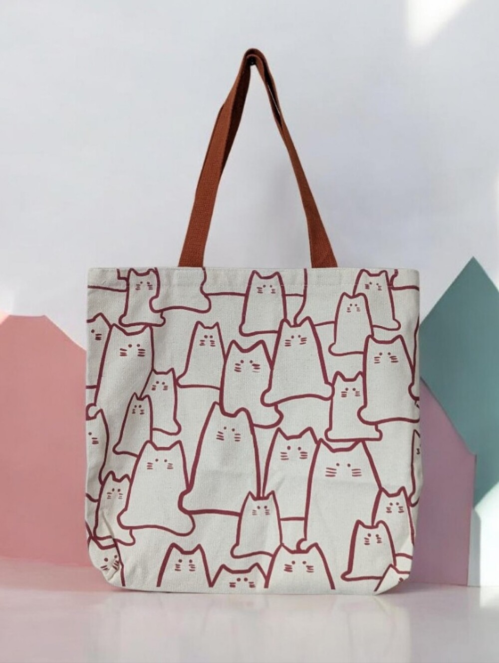 Canvas Cat Print Zip Tote Bag Cream Burnt Orange Eco Reusable Grocery Beach Boho